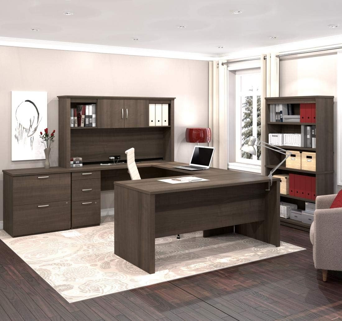 Bestar Logan U-Shaped Desk with Hutch, Lateral File Cabinet, and Bookcase in Antigua, 66W - Grand Goldman