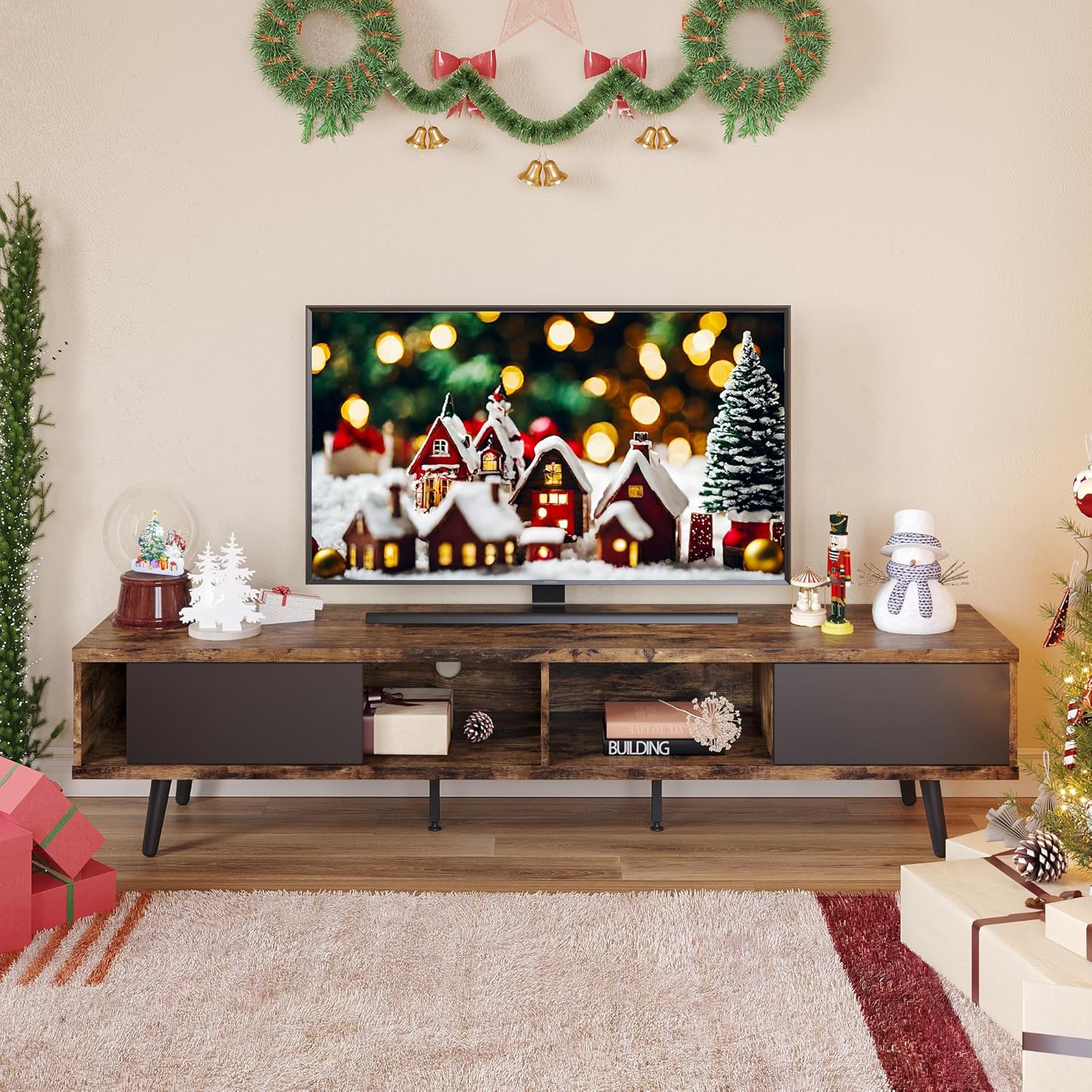 Bestier 70 inch Mid Century Modern TV Stand for 75 inch TV, Low Profile TV Stand with Storage, Entertainment Center for Living Room, Cord Management, Walnut - Grand Goldman