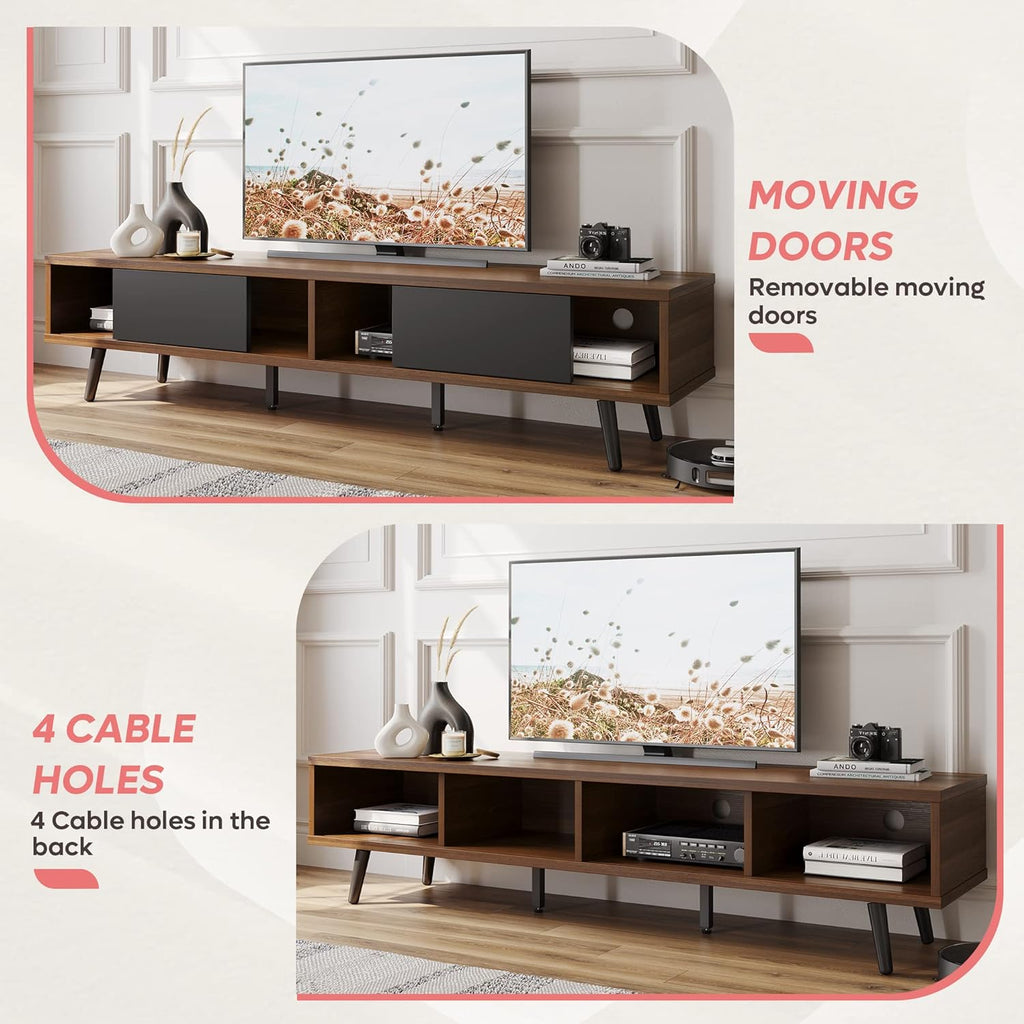 Bestier 70 inch Mid Century Modern TV Stand for 75 inch TV, Low Profile TV Stand with Storage, Entertainment Center for Living Room, Cord Management, Walnut - Grand Goldman