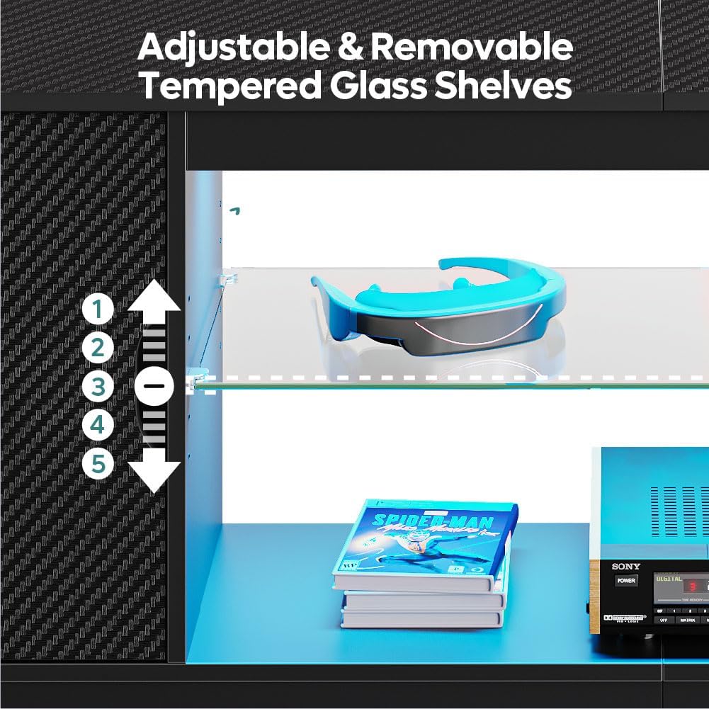 Bestier LED TV Stand for 55/60/65 Inch TV, Gaming Entertainment Center with Cabinet for PS5, Xbox,Modern TV Cabinet with Adjustable Glass Shelves for Living Room, Bedroom 58 Inch,Black - Grand Goldman