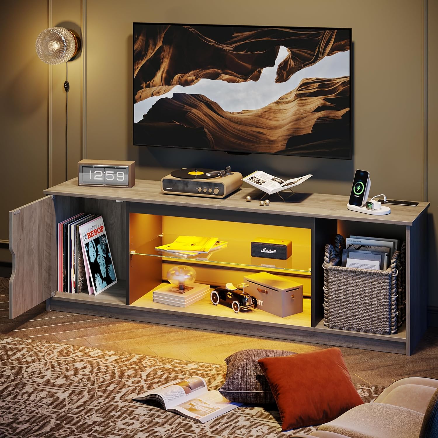 Bestier LED TV Stand with Power Outlets for 55/60/65 Inch TV, Gaming Entertainment Center with Cabinet for PS5, Modern TV Cabinet with Adjustable Glass Shelves for Living Room 58 Inch,Black Marble - Grand Goldman