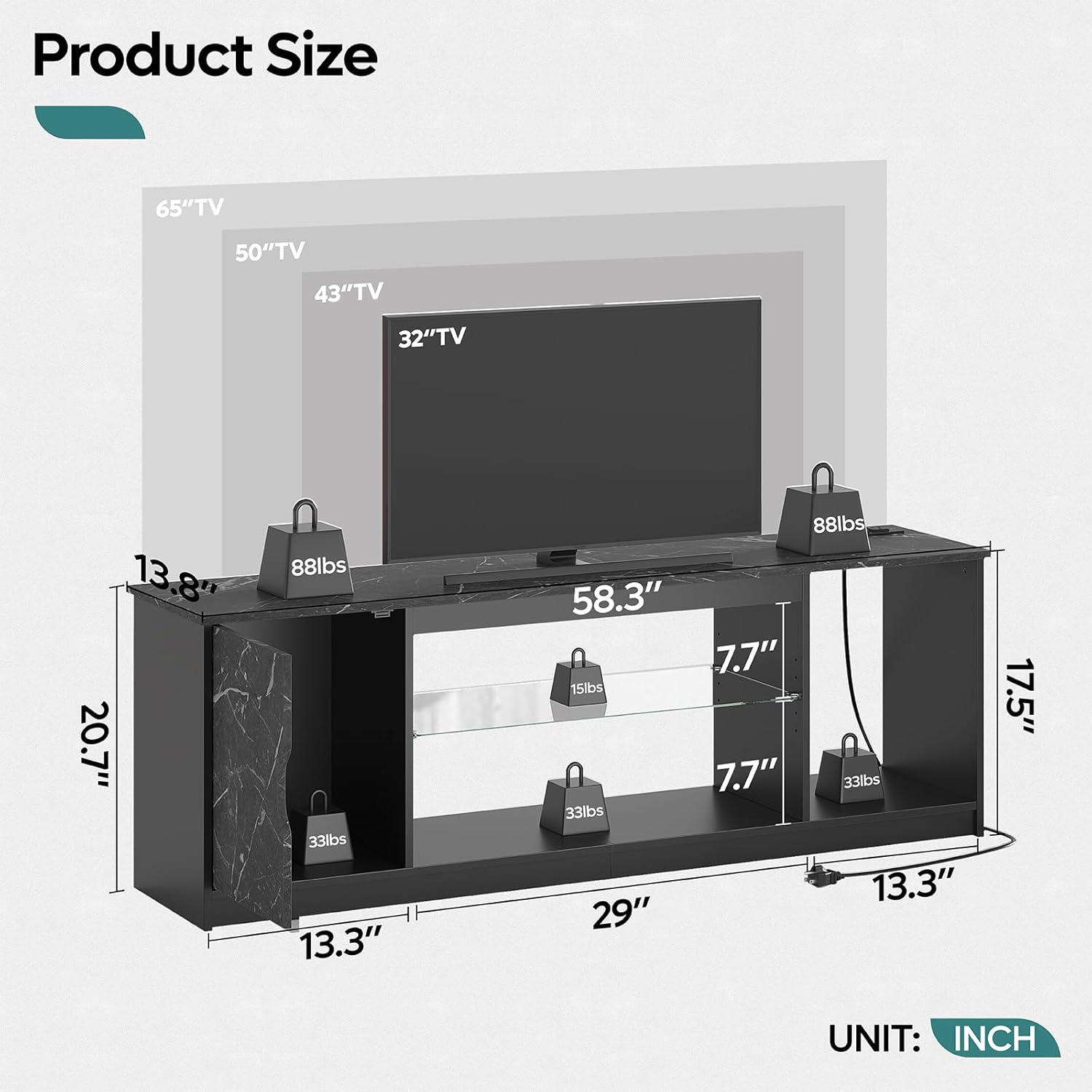 Bestier LED TV Stand with Power Outlets for 55/60/65 Inch TV, Gaming Entertainment Center with Cabinet for PS5, Modern TV Cabinet with Adjustable Glass Shelves for Living Room 58 Inch,Black Marble - Grand Goldman