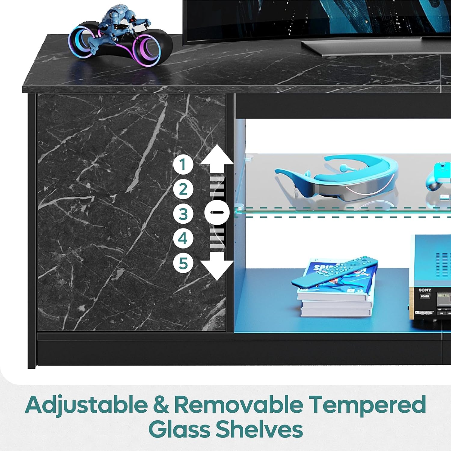 Bestier LED TV Stand with Power Outlets for 55/60/65 Inch TV, Gaming Entertainment Center with Cabinet for PS5, Modern TV Cabinet with Adjustable Glass Shelves for Living Room 58 Inch,Black Marble - Grand Goldman