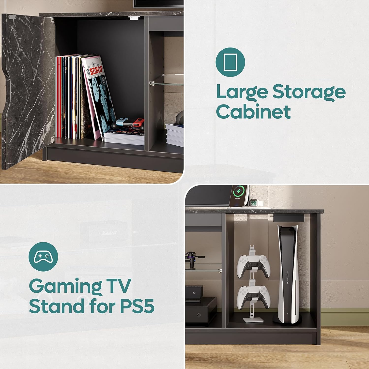 Bestier LED TV Stand with Power Outlets for 55/60/65 Inch TV, Gaming Entertainment Center with Cabinet for PS5, Modern TV Cabinet with Adjustable Glass Shelves for Living Room 58 Inch,Black Marble - Grand Goldman