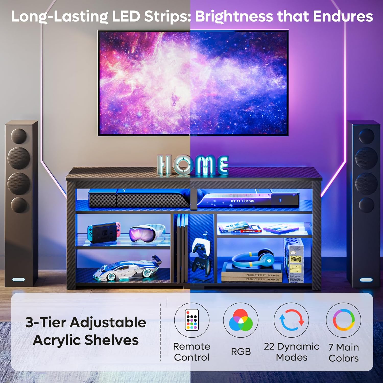 Bestier LED Tall TV Stand, Entertainment Center for 55/60/65 inch TV, Gaming TV Console with Storage for PS5, Adjustable Shelf Modern High TV Cabinet for Living Room Bedroom, Carbon Fiber Black - Grand Goldman