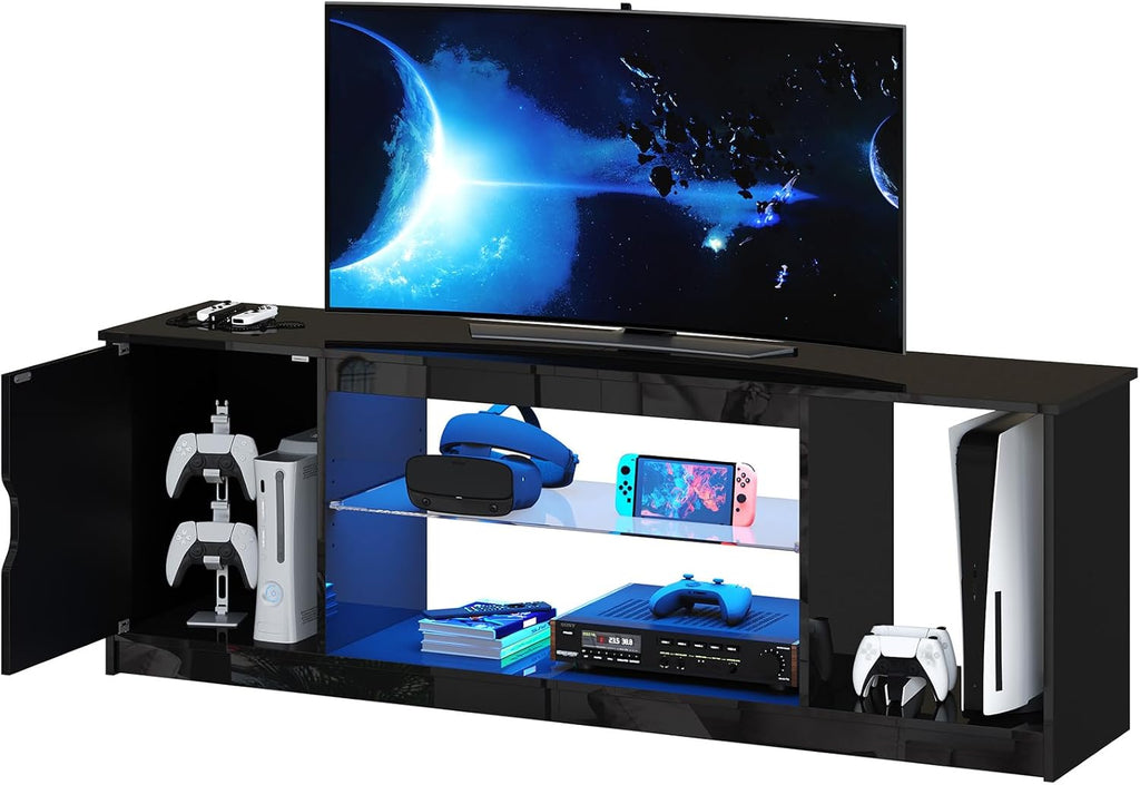 Bestier Led Entertainment Center for PS5, Gaming TV Stand with Cabinet for 60/65 Inch TV, Modern TV Console with Adjustable Glass Shelf for Living Room Easy Assembly Carbon Fiber Black - Grand Goldman