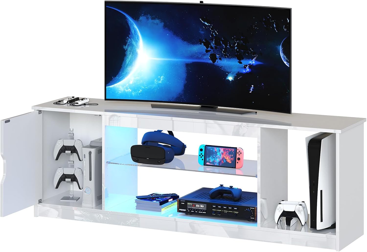 Bestier Led Entertainment Center for PS5, Gaming TV Stand with Cabinet for 60/65 Inch TV, Modern TV Console with Adjustable Glass Shelf for Living Room Easy Assembly Carbon Fiber Black - Grand Goldman