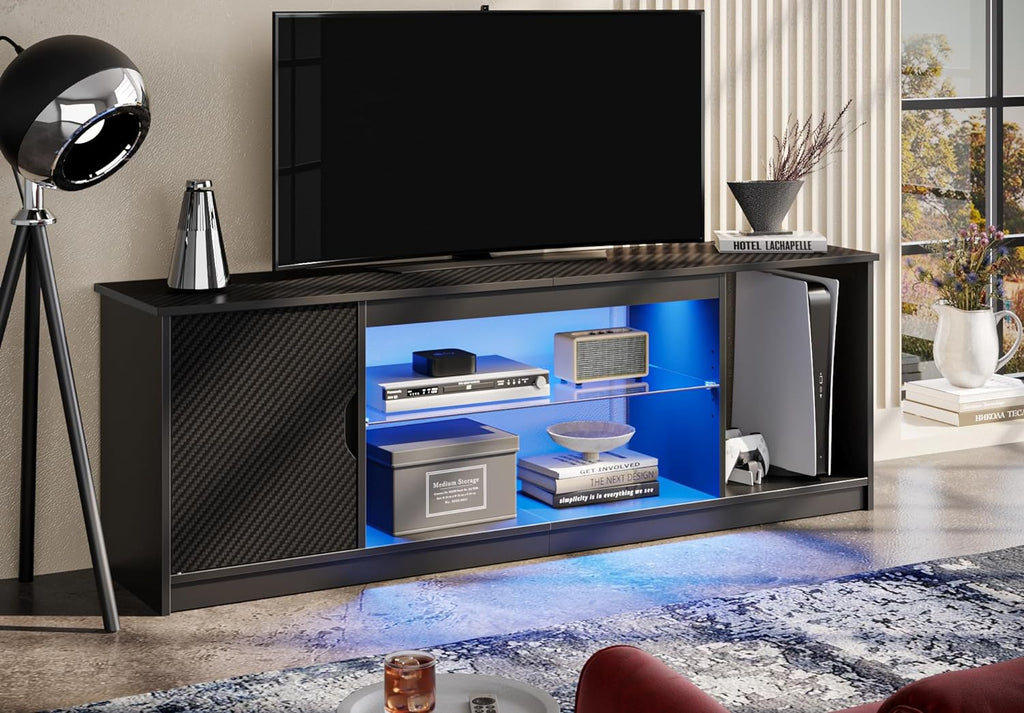 Bestier Led Entertainment Center for PS5, Gaming TV Stand with Cabinet for 60/65 Inch TV, Modern TV Console with Adjustable Glass Shelf for Living Room Easy Assembly Carbon Fiber Black - Grand Goldman