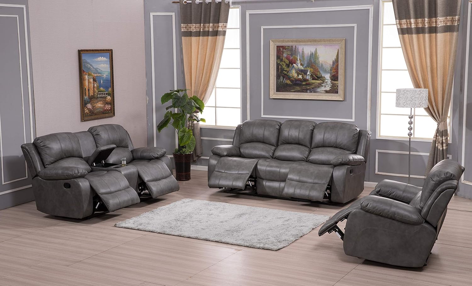 Betsy Furniture 3PC Bonded Leather Reclining Sofa Chair Set Living Room Set Sofa Loveseat Glider Chair 8018 Multiple Colors (Gray) - Grand Goldman