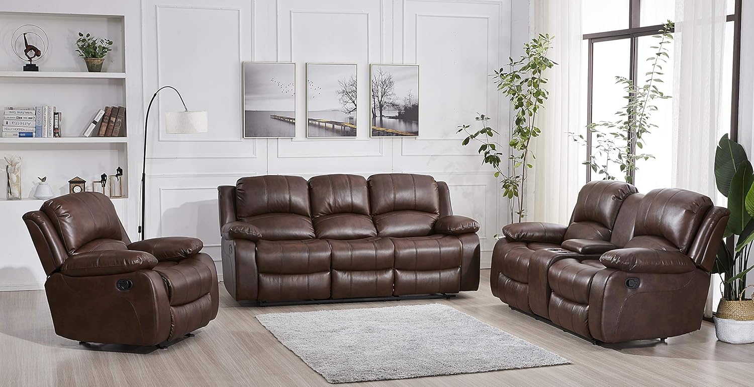 Betsy Furniture 3PC Bonded Leather Reclining Sofa Chair Set Living Room Set Sofa Loveseat Glider Chair 8018 Multiple Colors (Gray) - Grand Goldman