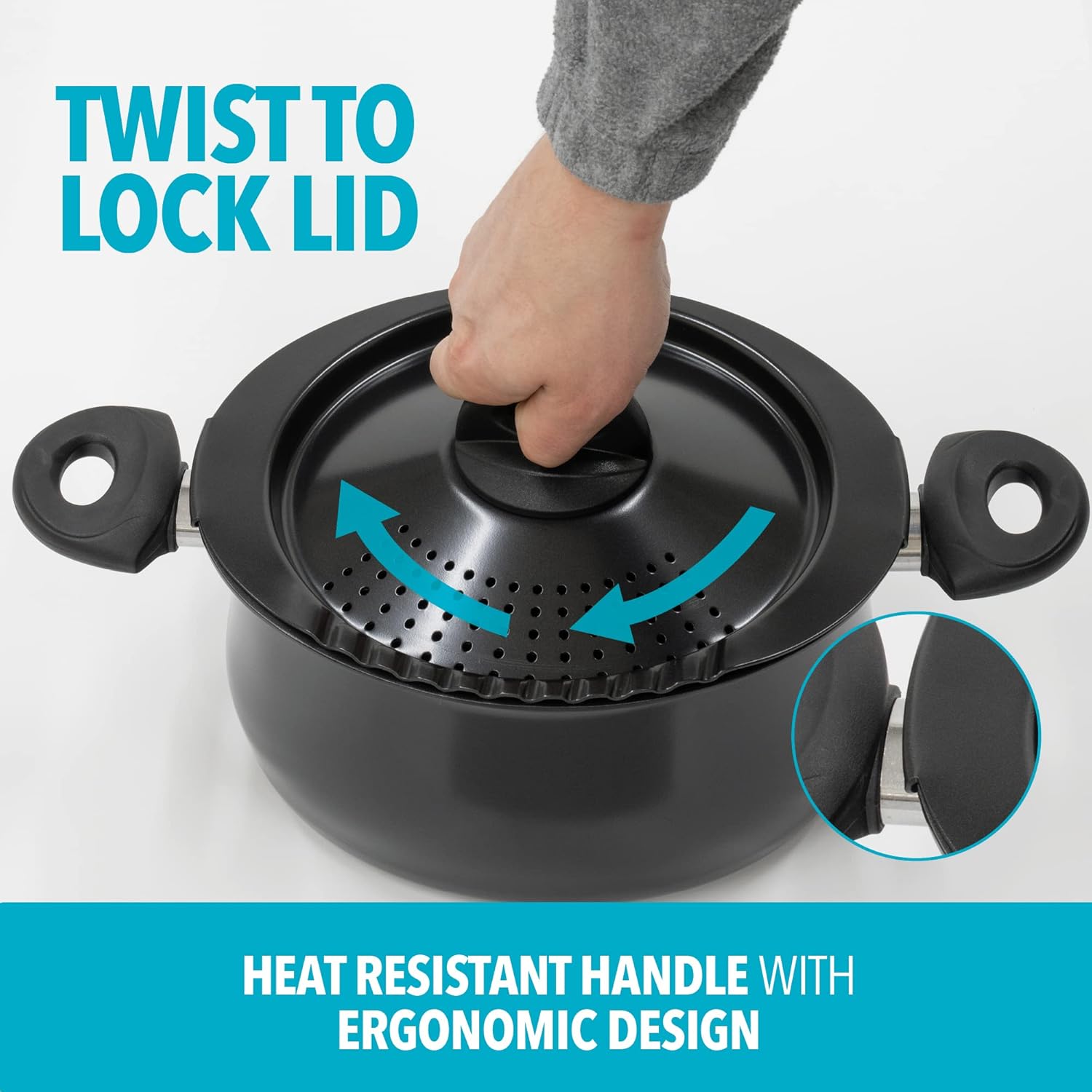 Bialetti 5.5 Quart Pasta Pot with Strainer Lid, Charcoal – Elongated Oval Pot for Longer Spaghetti, Lasagna, Penne & Farfalle Noodles, Heat Resistant Handles & Nonstick Interior, Large Pot for Cooking - Grand Goldman