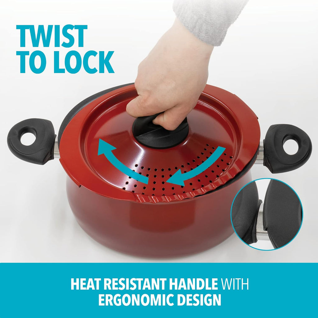 Bialetti 5.5 Quart Pasta Pot with Strainer Lid, Charcoal – Elongated Oval Pot for Longer Spaghetti, Lasagna, Penne & Farfalle Noodles, Heat Resistant Handles & Nonstick Interior, Large Pot for Cooking - Grand Goldman