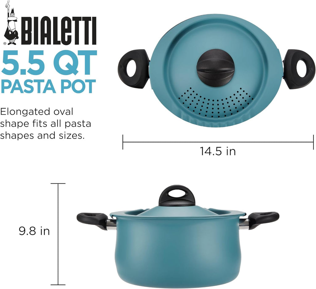 Bialetti Taste of Italy Nonstick Pasta Pot with Strainer Lid, 5.5-Quart, Teal - Grand Goldman