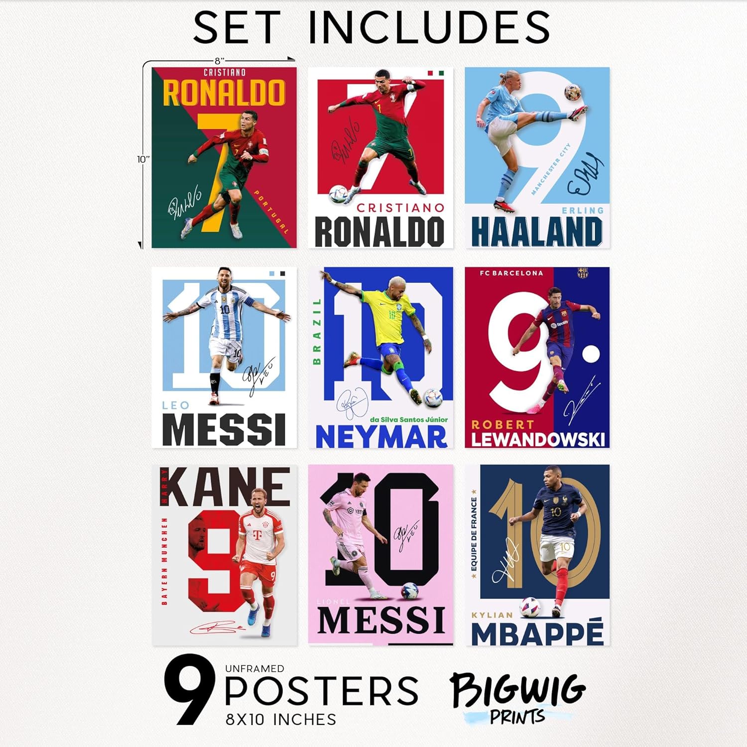 BigWig Prints Soccer Poster - Soccer Posters For Boys Bedroom, Messi And Ronaldo Poster, Messi Posters For Boys Bedroom, Soccer Wall Art, Messi Wall Art, Ronaldo Posters - Unframed Set Of 9 (8x10”) - Grand Goldman