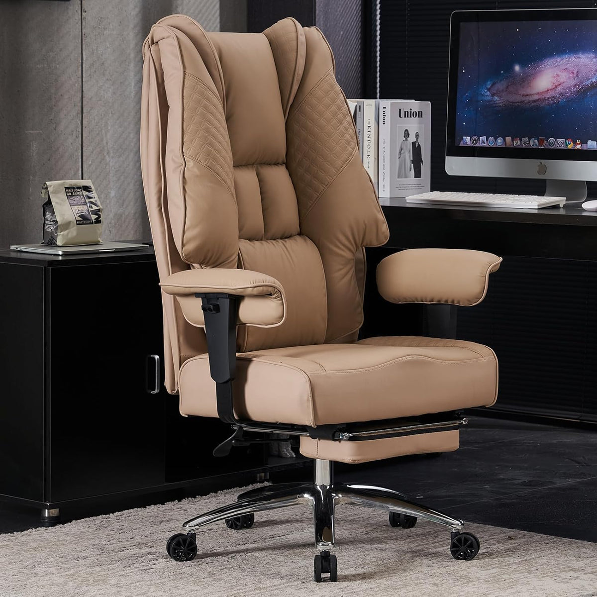 Big and Tall Office Chair 400lbs Wide Seat, Leather High Back Executive Office Chair with Foot Rest, Ergonomic Office Chair Lumbar Support for Lower Back Pain Relief (Black) - Grand Goldman