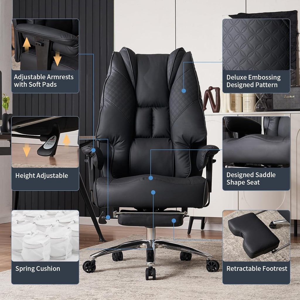 Big and Tall Office Chair 400lbs Wide Seat, Leather High Back Executive Office Chair with Foot Rest, Ergonomic Office Chair Lumbar Support for Lower Back Pain Relief (Black) - Grand Goldman
