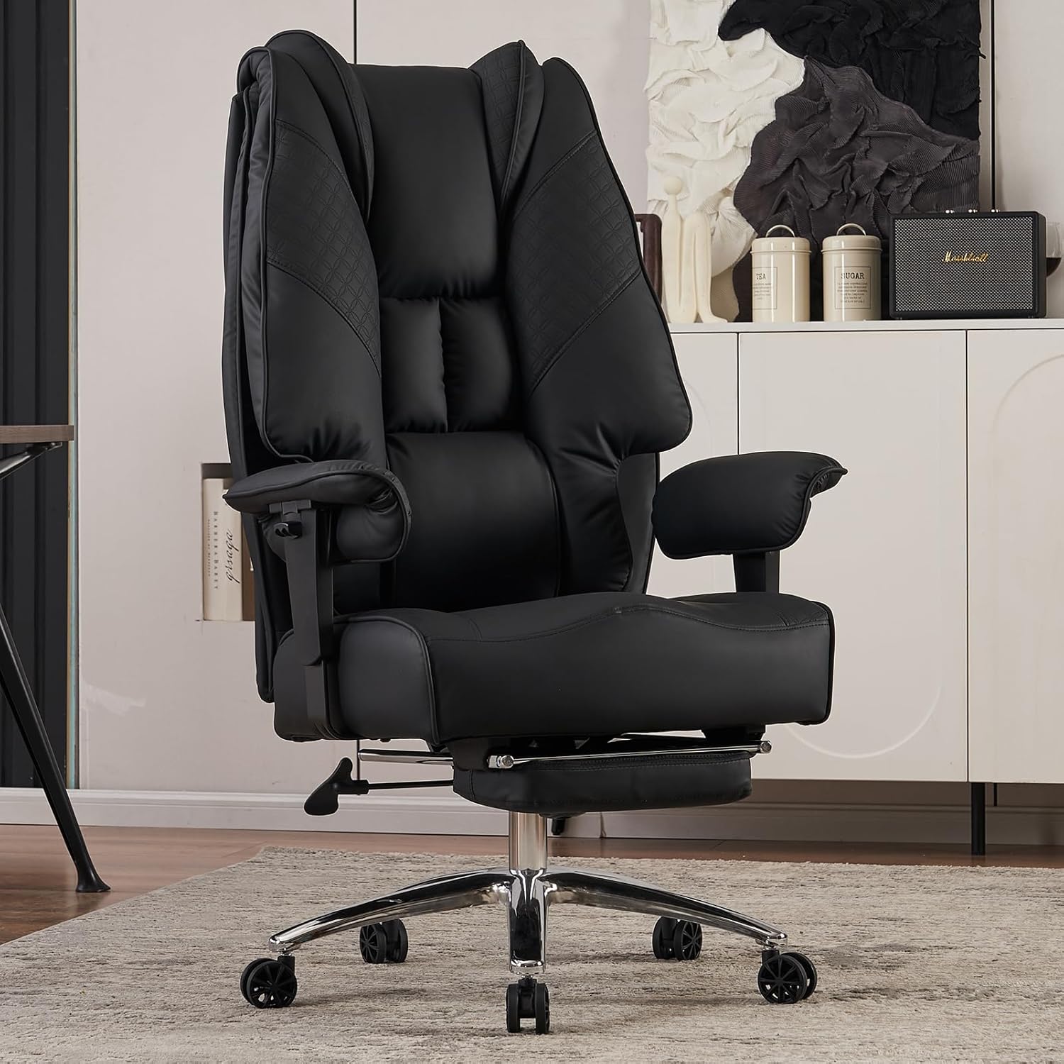 Big and Tall Office Chair 400lbs Wide Seat, Leather High Back Executive Office Chair with Foot Rest, Ergonomic Office Chair Lumbar Support for Lower Back Pain Relief (Black) - Grand Goldman