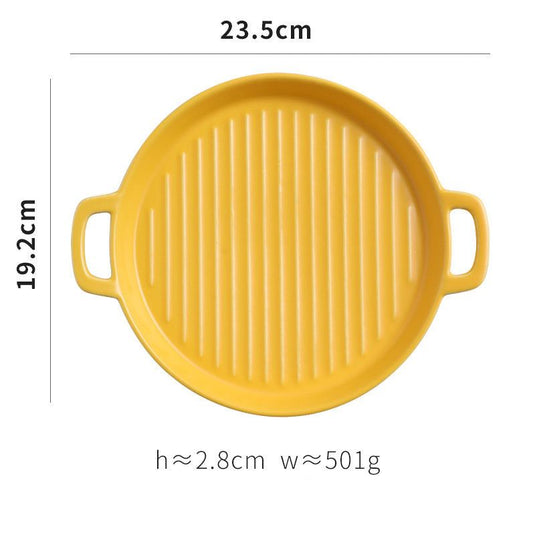 Binaural Baking Tray Pizza Tray Round Dish Plate Dish Creative Oven Ceramic Net Celebrity Tableware Microwave Flat Plate - Grand Goldman