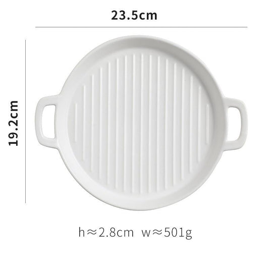 Binaural Baking Tray Pizza Tray Round Dish Plate Dish Creative Oven Ceramic Net Celebrity Tableware Microwave Flat Plate - Grand Goldman