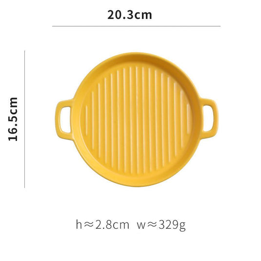 Binaural Baking Tray Pizza Tray Round Dish Plate Dish Creative Oven Ceramic Net Celebrity Tableware Microwave Flat Plate - Grand Goldman