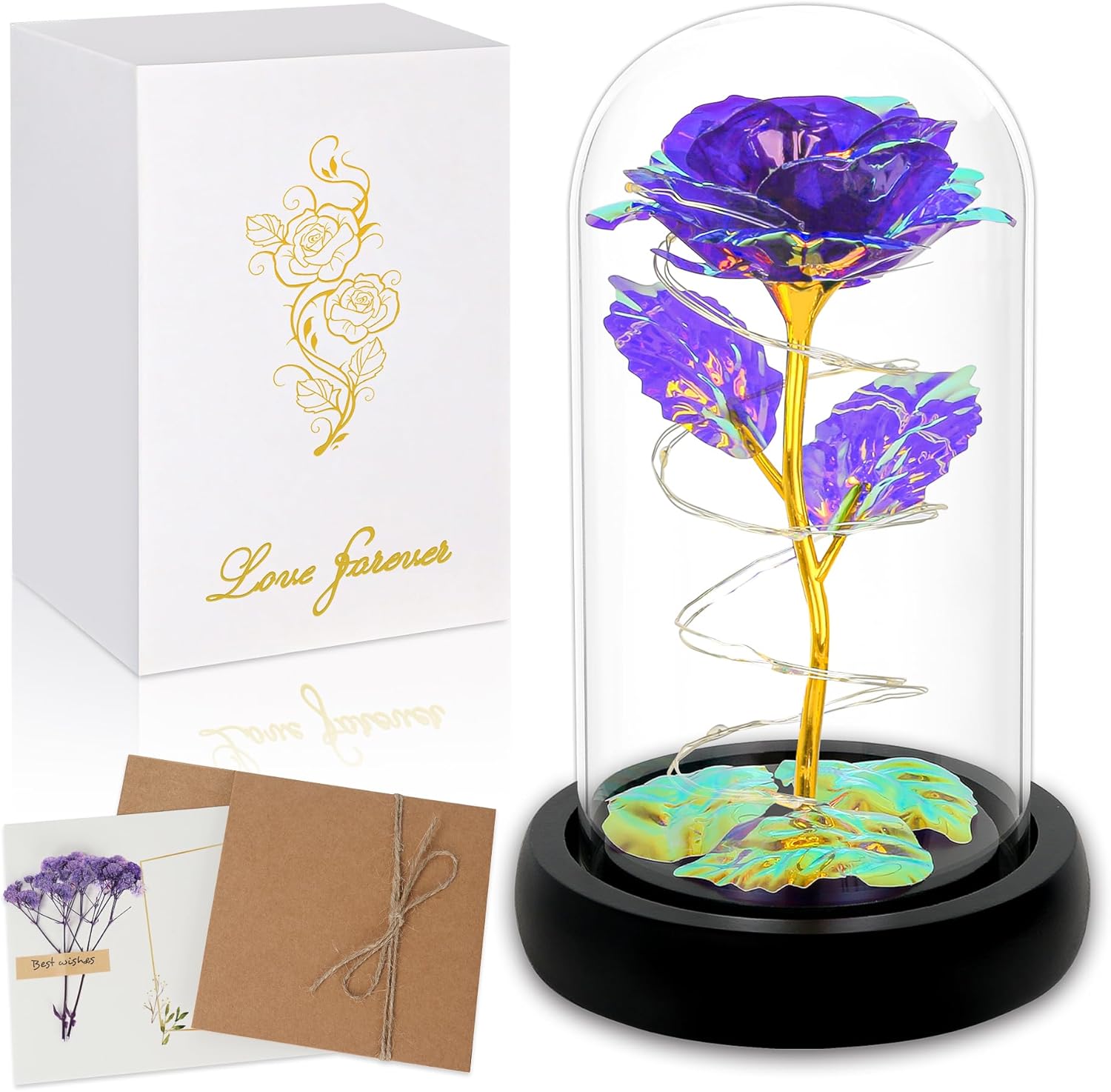 Birthday Gifts for Women,Christmas Rose Gifts for Women,Womens Glass Rose Gifts,Light Up Rose Flowers in Glass Dome,Colorful Rainbow Flower Rose Mom Gifts for Her,Wife,Thanksgiving,Anniversary - Grand Goldman