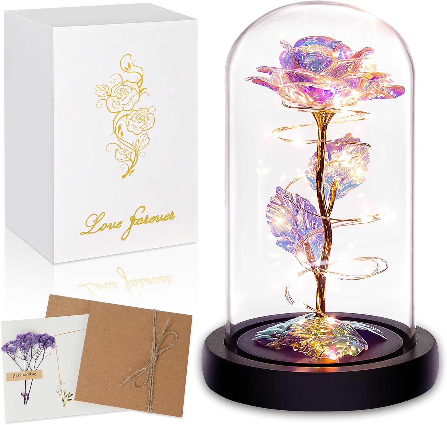 Birthday Gifts for Women,Christmas Rose Gifts for Women,Womens Glass Rose Gifts,Light Up Rose Flowers in Glass Dome,Colorful Rainbow Flower Rose Mom Gifts for Her,Wife,Thanksgiving,Anniversary - Grand Goldman