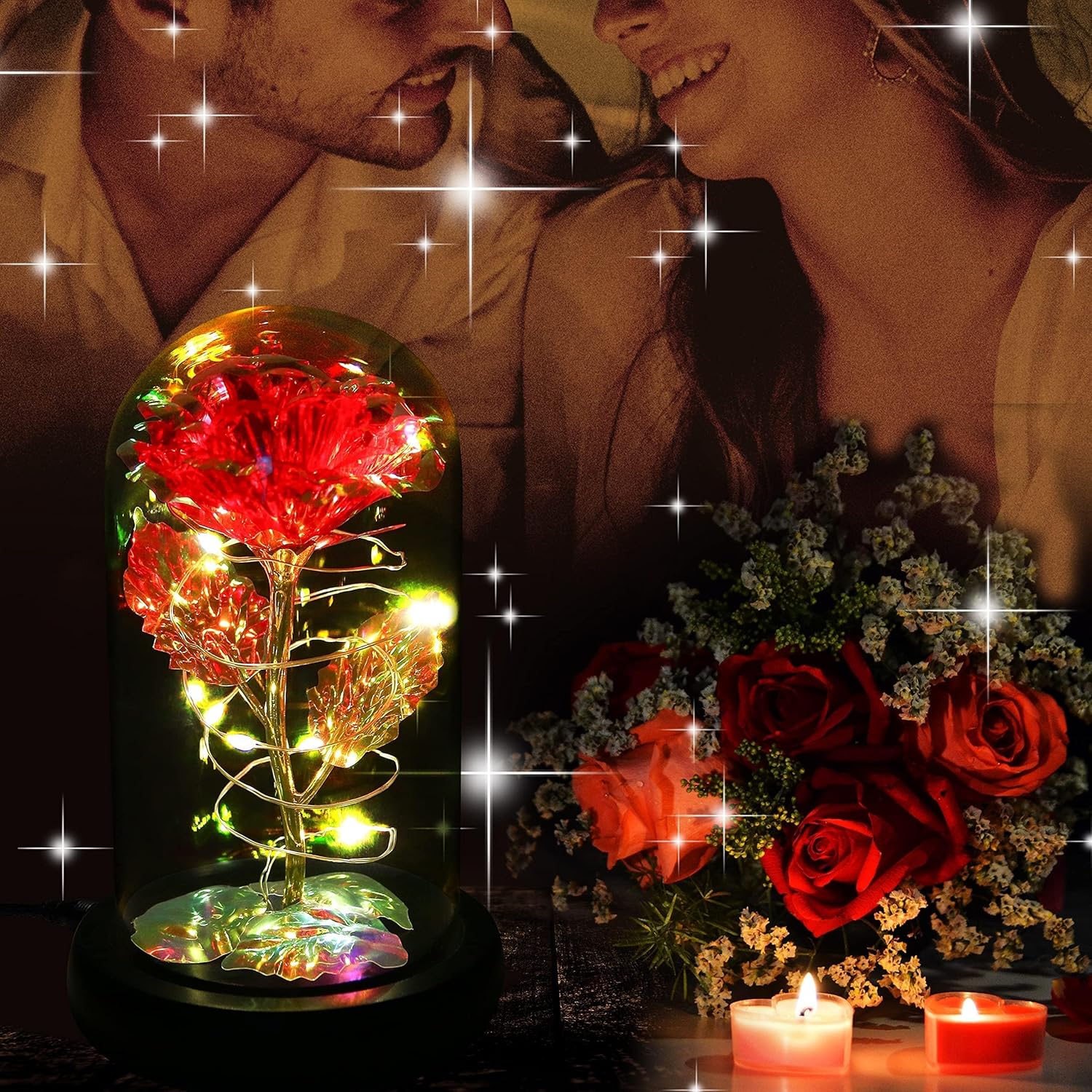 Birthday Gifts for Women,Christmas Rose Gifts for Women,Womens Glass Rose Gifts,Light Up Rose Flowers in Glass Dome,Colorful Rainbow Flower Rose Mom Gifts for Her,Wife,Thanksgiving,Anniversary - Grand Goldman