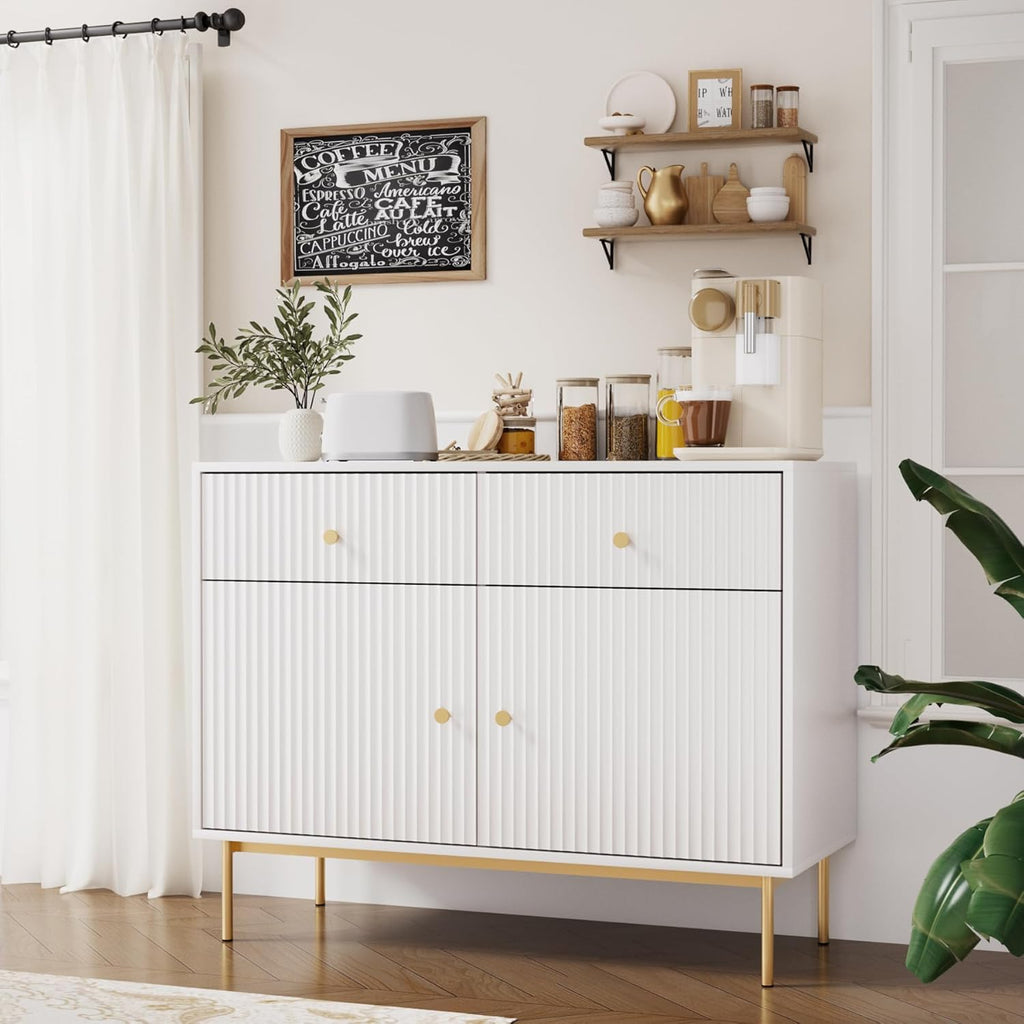 Black Buffet Sideboard Cabinet with Drawers and Waveform Doors, 39'' Modern Floor Kitchen Storage Cabinet, Kitchen Island, Entryway Console Cabinet for Kitchen, Living Room - Grand Goldman