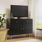 Black Buffet Sideboard Cabinet with Drawers and Waveform Doors, 39'' Modern Floor Kitchen Storage Cabinet, Kitchen Island, Entryway Console Cabinet for Kitchen, Living Room - Grand Goldman