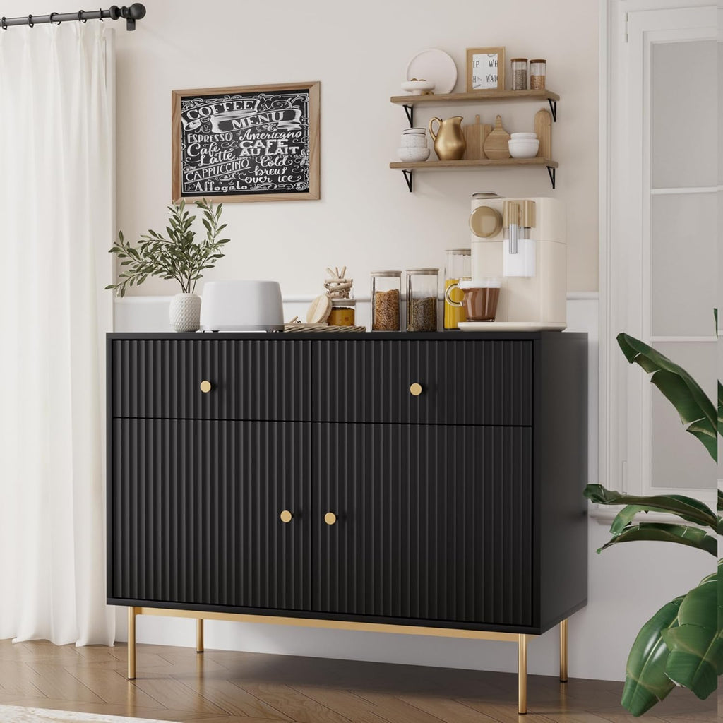 Black Buffet Sideboard Cabinet with Drawers and Waveform Doors, 39'' Modern Floor Kitchen Storage Cabinet, Kitchen Island, Entryway Console Cabinet for Kitchen, Living Room - Grand Goldman