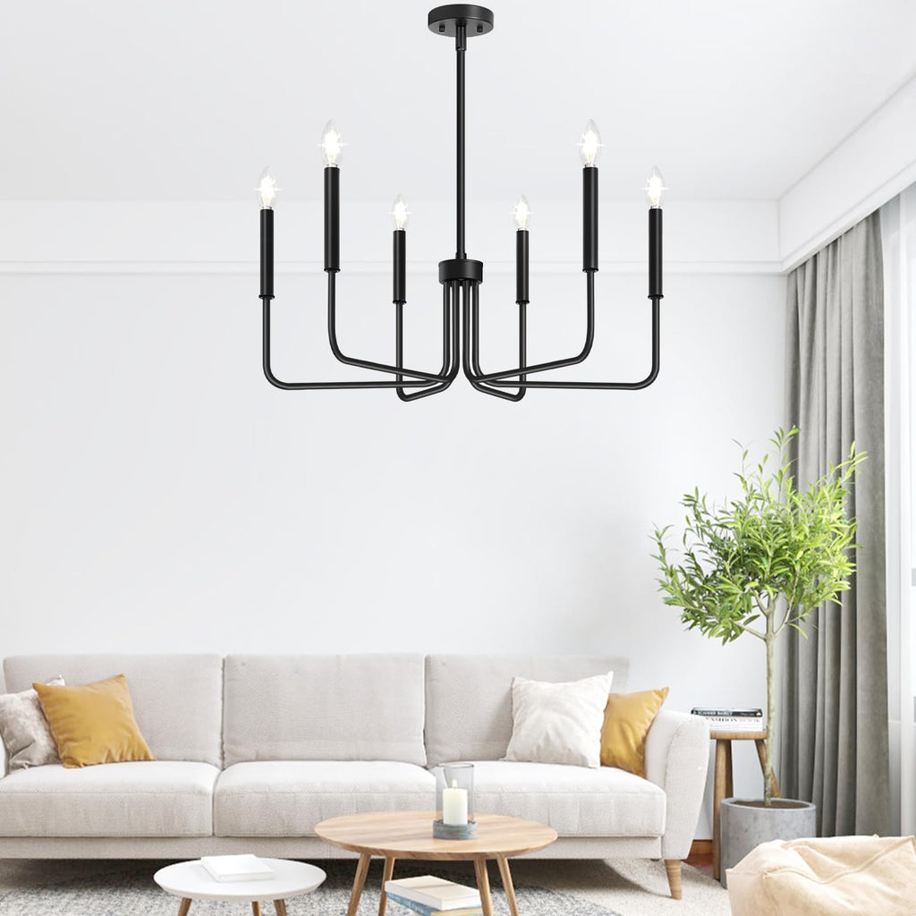 Black Chandelier, 6-Light Farmhouse Chandelier for Dining Room Lighting Fixtures Hanging, Dining Light Fixtures Industrial Modern Chandelier for Bedroom, Foyer, Hall, Kitchen, Living Room and Entryway - Grand Goldman