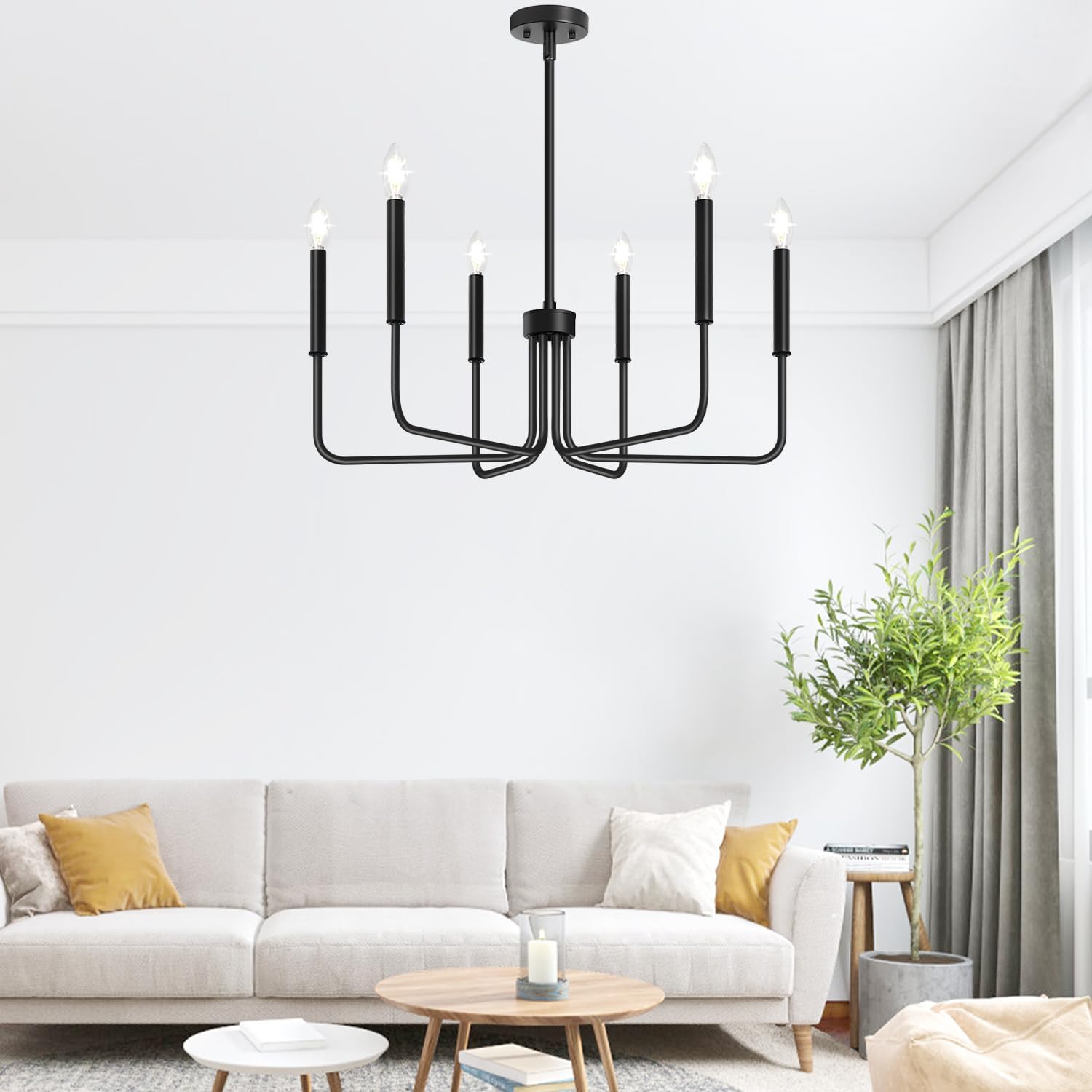 Black Chandelier, 6-Light Farmhouse Chandelier for Dining Room Lighting Fixtures Hanging, Dining Light Fixtures Industrial Modern Chandelier for Bedroom, Foyer, Hall, Kitchen, Living Room and Entryway - Grand Goldman