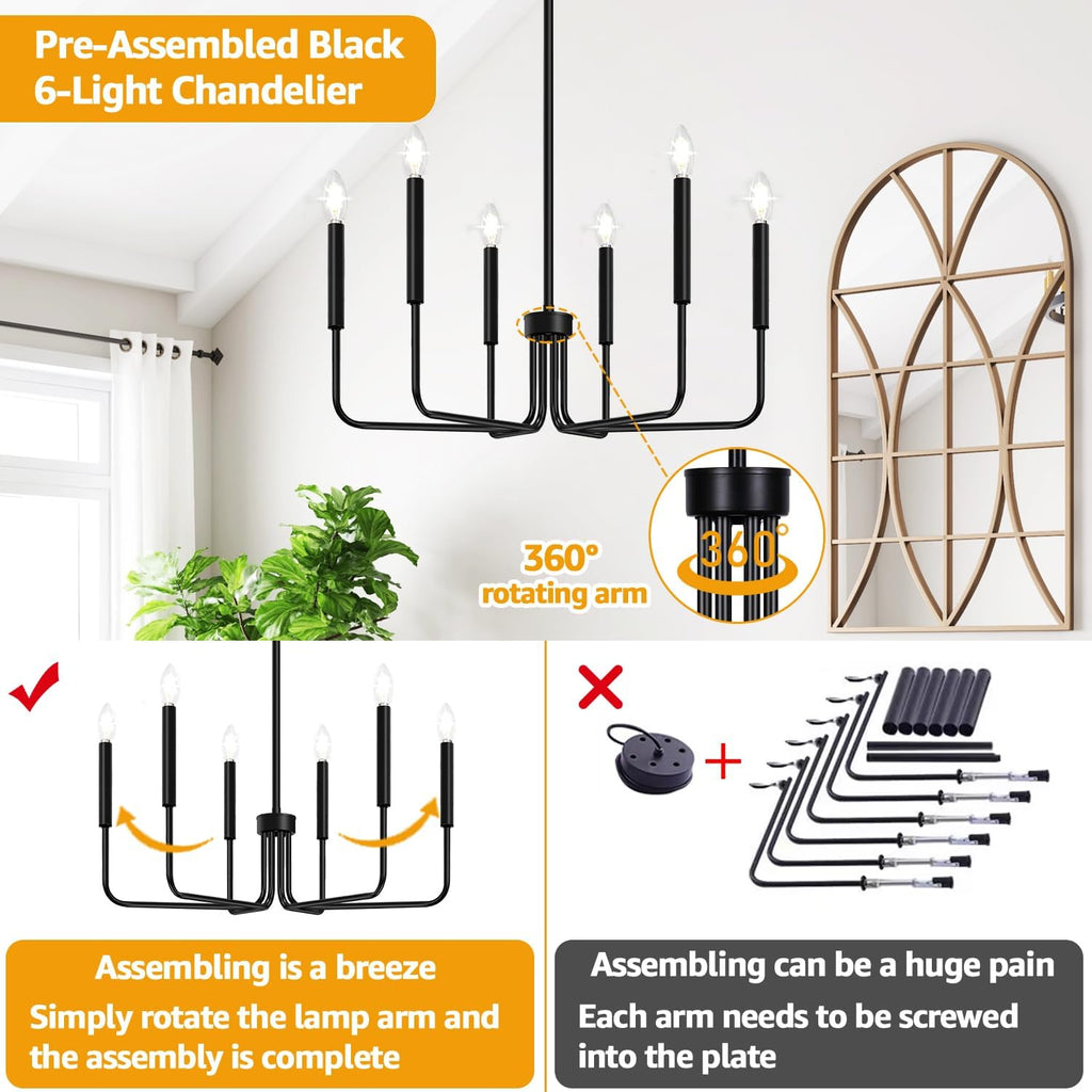 Black Chandelier, 6-Light Farmhouse Chandelier for Dining Room Lighting Fixtures Hanging, Dining Light Fixtures Industrial Modern Chandelier for Bedroom, Foyer, Hall, Kitchen, Living Room and Entryway - Grand Goldman