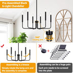 Black Chandelier, 6-Light Farmhouse Chandelier for Dining Room Lighting Fixtures Hanging, Dining Light Fixtures Industrial Modern Chandelier for Bedroom, Foyer, Hall, Kitchen, Living Room and Entryway - Grand Goldman