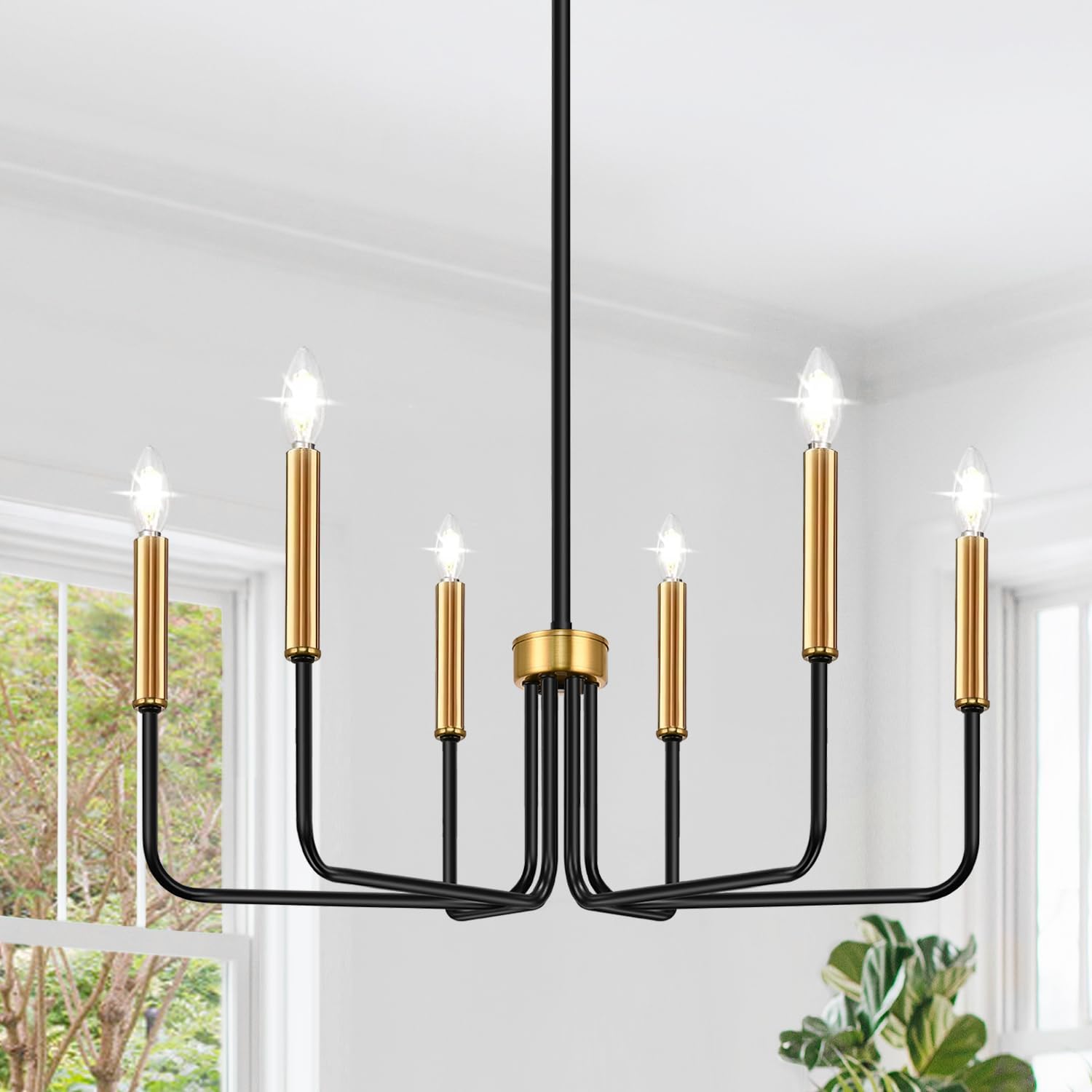 Black Chandelier, 6-Light Farmhouse Chandelier for Dining Room Lighting Fixtures Hanging, Dining Light Fixtures Industrial Modern Chandelier for Bedroom, Foyer, Hall, Kitchen, Living Room and Entryway - Grand Goldman