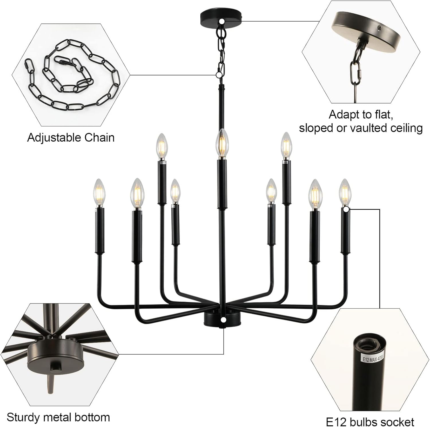 Black Chandelier, Modern Farmhouse Chandeliers for Dining Room 9-Lights Candle Pendant Lights Kitchen Island Rustic Industrial Black Metal Hanging Light Fixtures for Living Room Bedroom Entryway - Grand Goldman