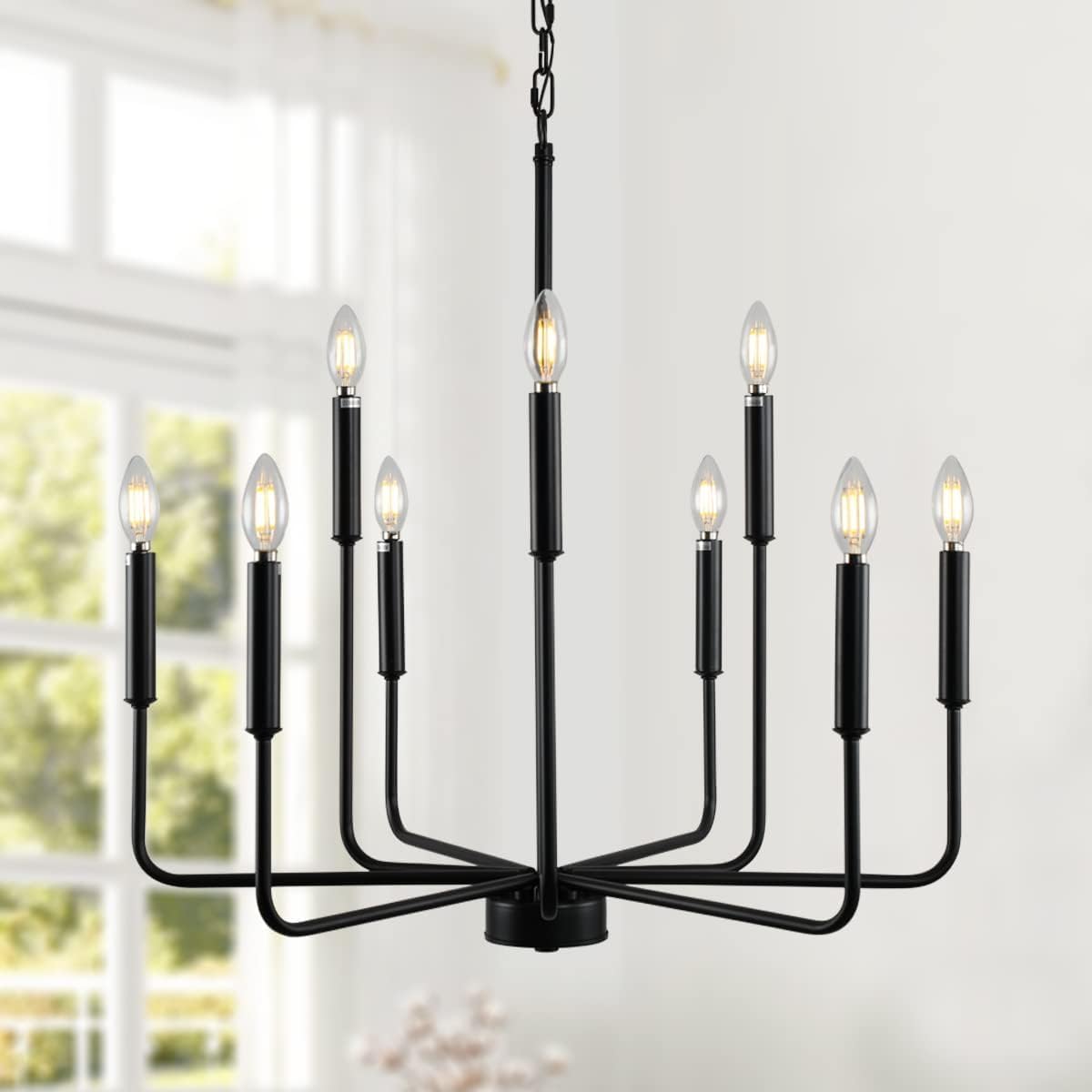 Black Chandelier, Modern Farmhouse Chandeliers for Dining Room 9-Lights Candle Pendant Lights Kitchen Island Rustic Industrial Black Metal Hanging Light Fixtures for Living Room Bedroom Entryway - Grand Goldman