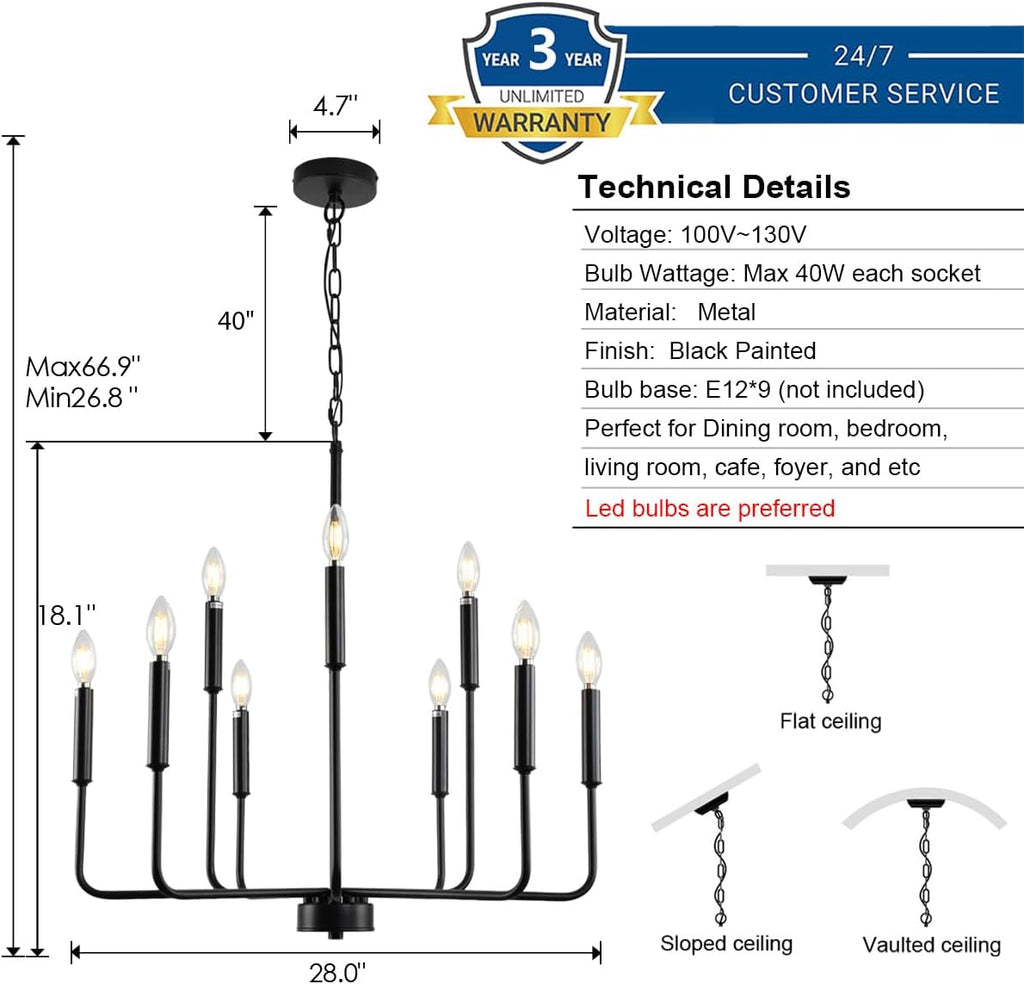 Black Chandelier, Modern Farmhouse Chandeliers for Dining Room 9-Lights Candle Pendant Lights Kitchen Island Rustic Industrial Black Metal Hanging Light Fixtures for Living Room Bedroom Entryway - Grand Goldman