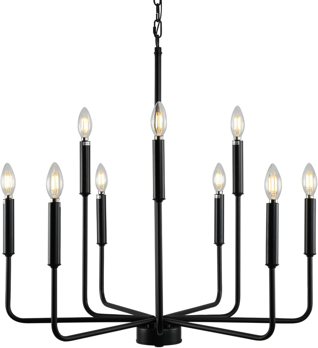 Black Chandelier, Modern Farmhouse Chandeliers for Dining Room 9-Lights Candle Pendant Lights Kitchen Island Rustic Industrial Black Metal Hanging Light Fixtures for Living Room Bedroom Entryway - Grand Goldman