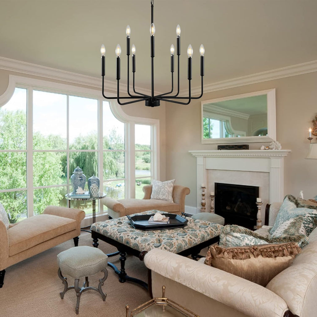 Black Chandelier, Modern Farmhouse Chandeliers for Dining Room 9-Lights Candle Pendant Lights Kitchen Island Rustic Industrial Black Metal Hanging Light Fixtures for Living Room Bedroom Entryway - Grand Goldman