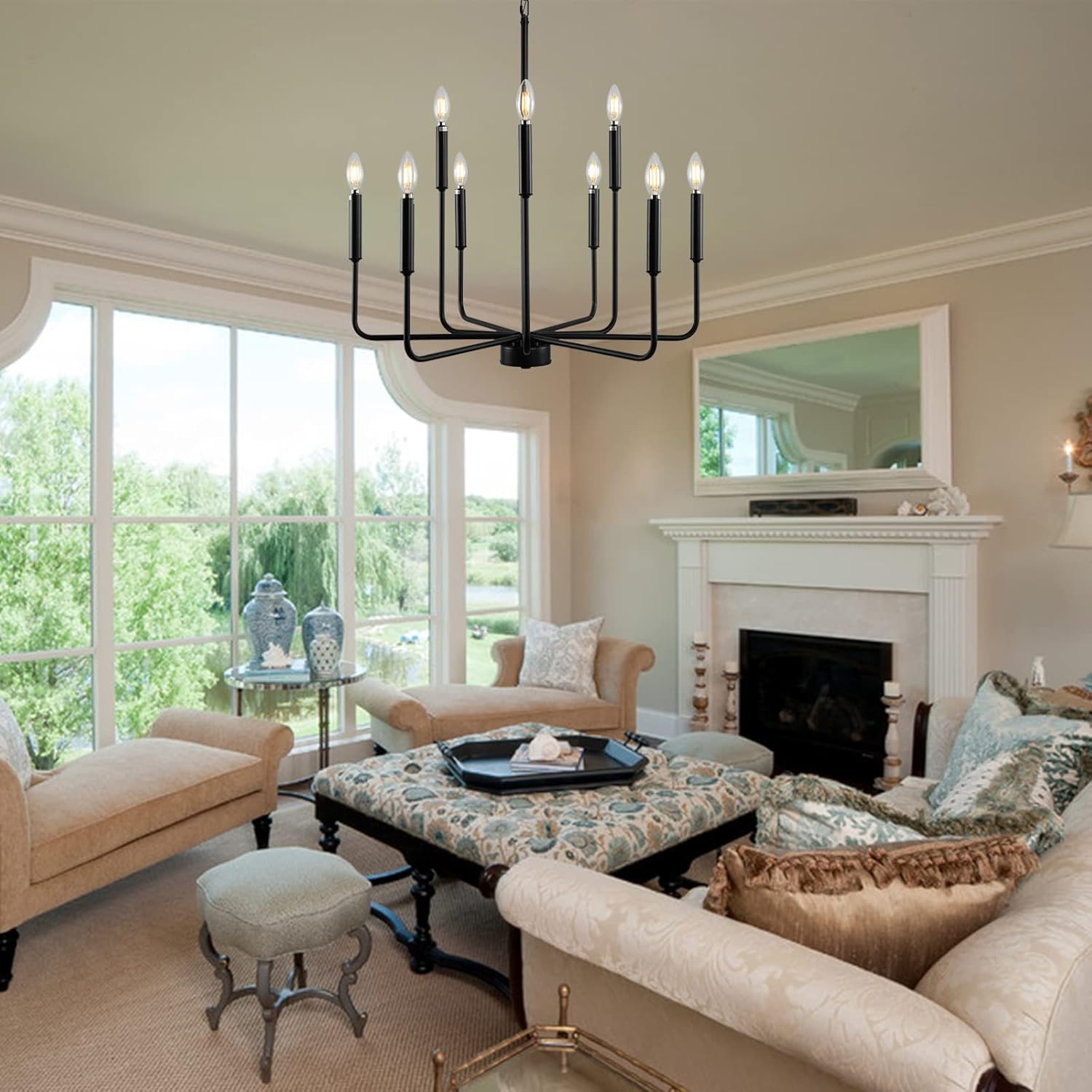 Black Chandelier, Modern Farmhouse Chandeliers for Dining Room 9-Lights Candle Pendant Lights Kitchen Island Rustic Industrial Black Metal Hanging Light Fixtures for Living Room Bedroom Entryway - Grand Goldman