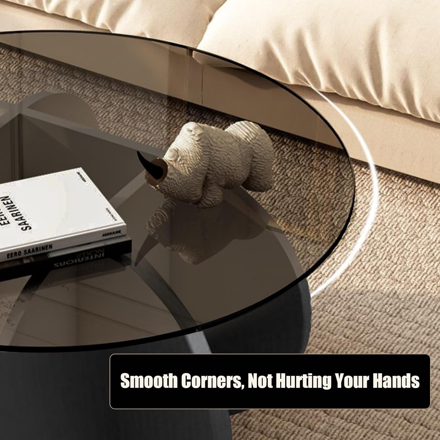 Black Coffee Table, 31.5" Round Glass Coffee Table for Living Room Mid Century Modern Coffee Table Unique Center Table with Wood Base Circle Coffee Ta - Grand Goldman