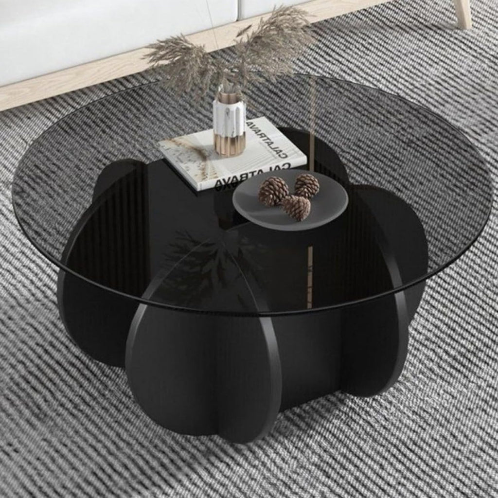 Black Coffee Table, 31.5" Round Glass Coffee Table for Living Room Mid Century Modern Coffee Table Unique Center Table with Wood Base Circle Coffee Ta - Grand Goldman