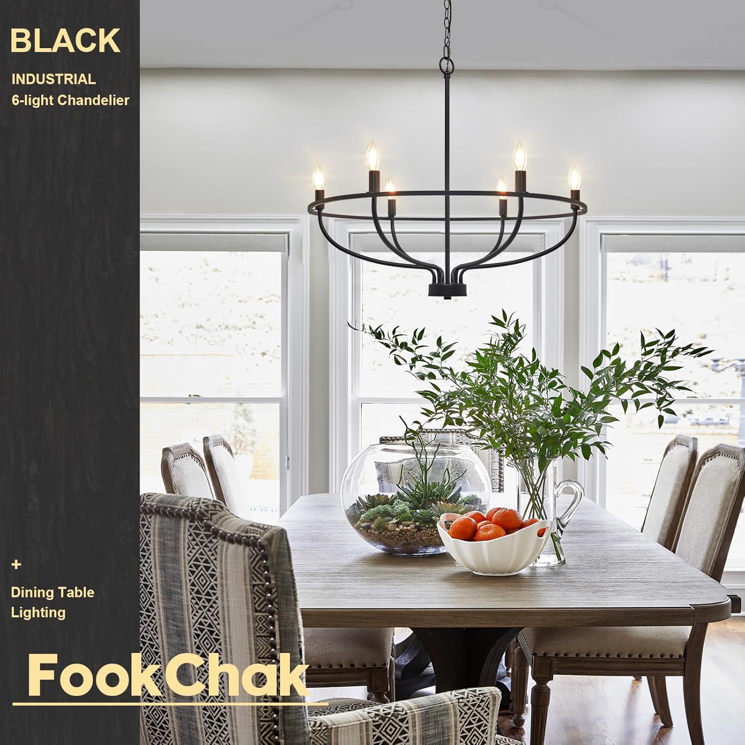 Black Dining Room Light Fixture, 6-Light Farmhouse Black Chandelier for Bedroom Metal Candle Chandeliers Hanging Lighting for Kitchen Living Room Entryway Foyer, 28.54in - Grand Goldman