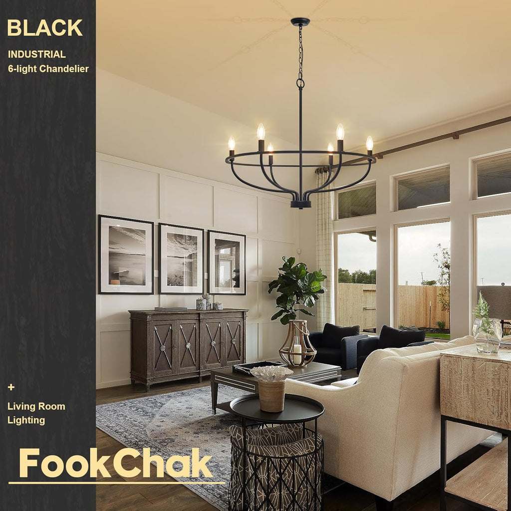 Black Dining Room Light Fixture, 6-Light Farmhouse Black Chandelier for Bedroom Metal Candle Chandeliers Hanging Lighting for Kitchen Living Room Entryway Foyer, 28.54in - Grand Goldman