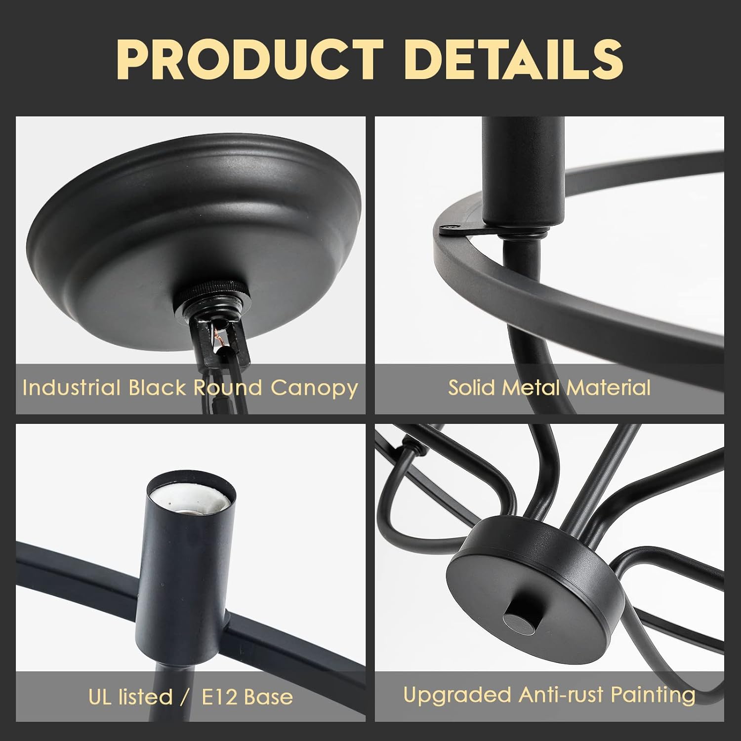 Black Dining Room Light Fixture, 6-Light Farmhouse Black Chandelier for Bedroom Metal Candle Chandeliers Hanging Lighting for Kitchen Living Room Entryway Foyer, 28.54in - Grand Goldman