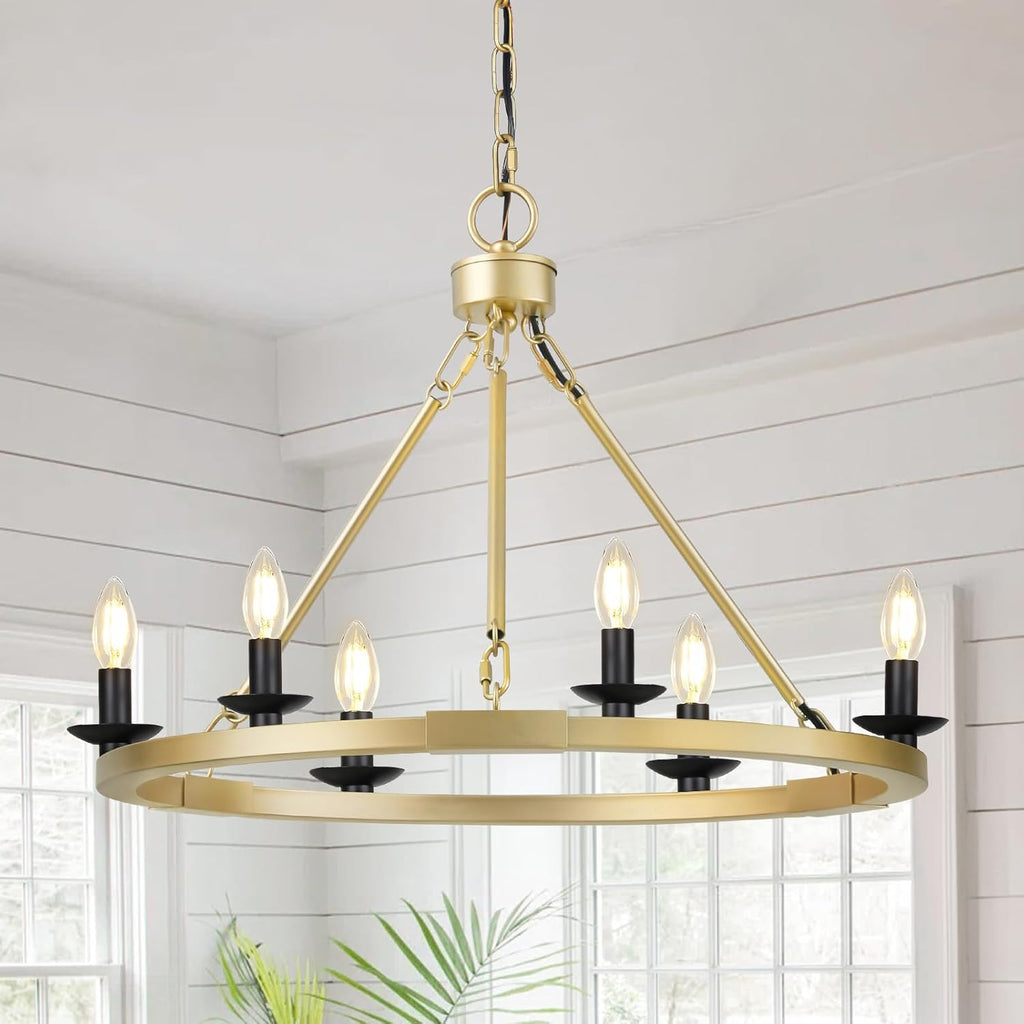 Black Farmhouse Chandelier, 6-Light Wagon Wheel Chandelier with Adjustable Height, Dining Room Light Fixture, Hanging Lights for Kitchen Island, Living Room, Bedroom, Entryway, E12 Base - Grand Goldman
