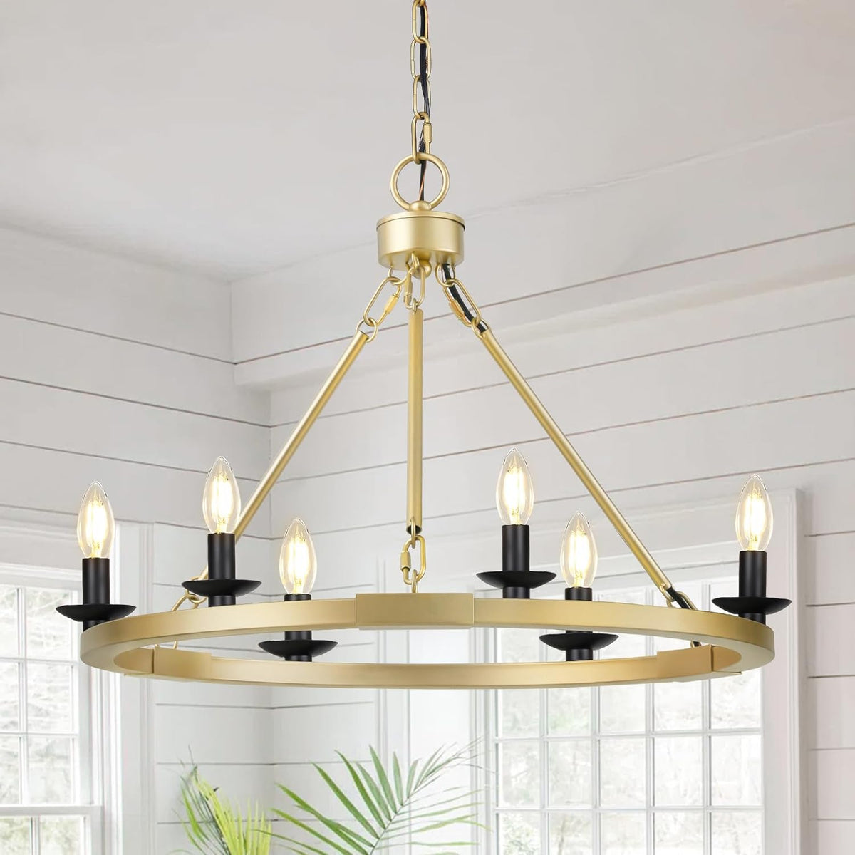 Black Farmhouse Chandelier, 6-Light Wagon Wheel Chandelier with Adjustable Height, Dining Room Light Fixture, Hanging Lights for Kitchen Island, Living Room, Bedroom, Entryway, E12 Base - Grand Goldman