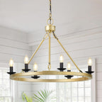 Black Farmhouse Chandelier, 6-Light Wagon Wheel Chandelier with Adjustable Height, Dining Room Light Fixture, Hanging Lights for Kitchen Island, Living Room, Bedroom, Entryway, E12 Base - Grand Goldman