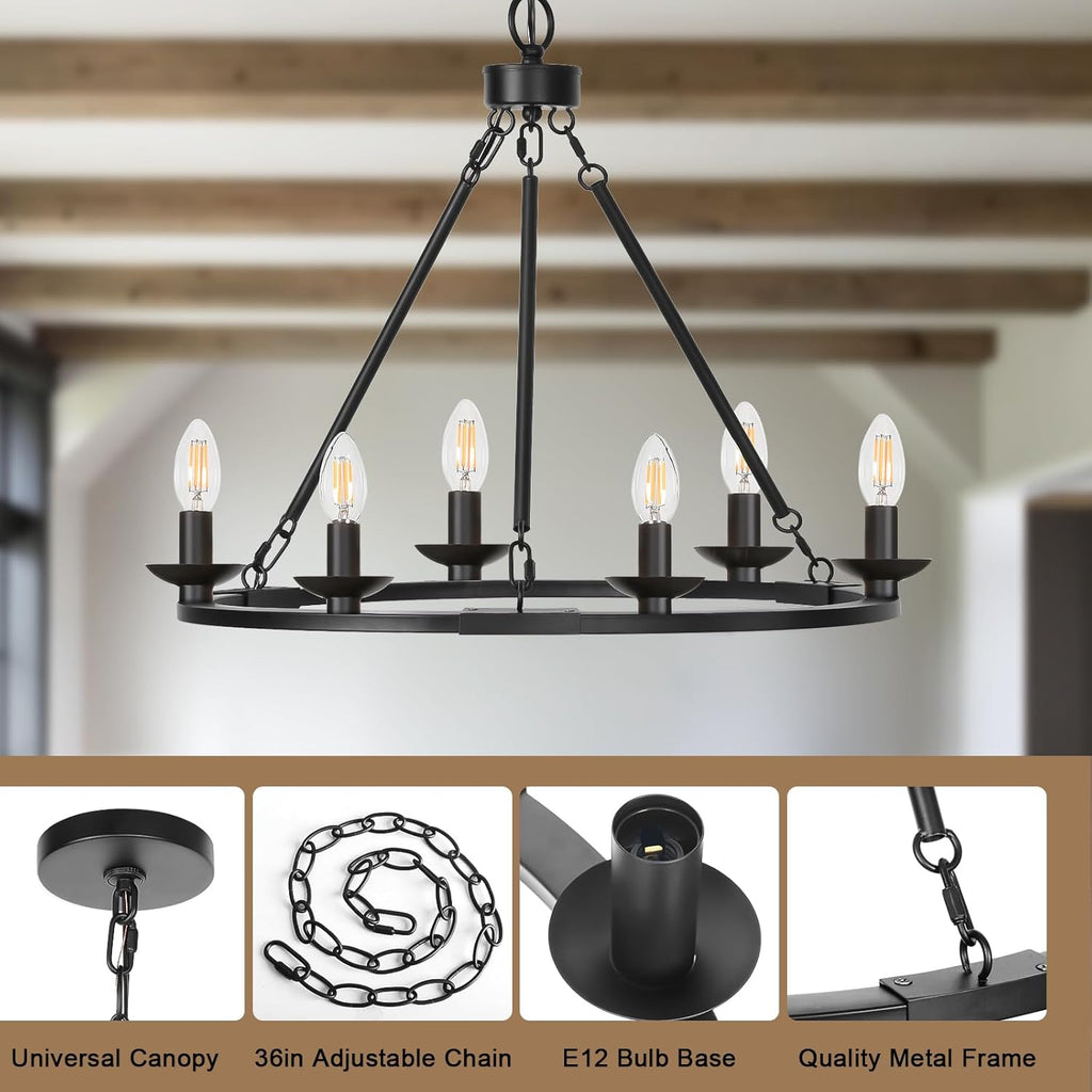 Black Farmhouse Chandelier, 6-Light Wagon Wheel Chandelier with Adjustable Height, Dining Room Light Fixture, Hanging Lights for Kitchen Island, Living Room, Bedroom, Entryway, E12 Base - Grand Goldman